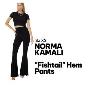 NORMA KAMALI Sz XS/29 "FISHTAIL" Super Flare Pleated Hems Pull On Black Pants